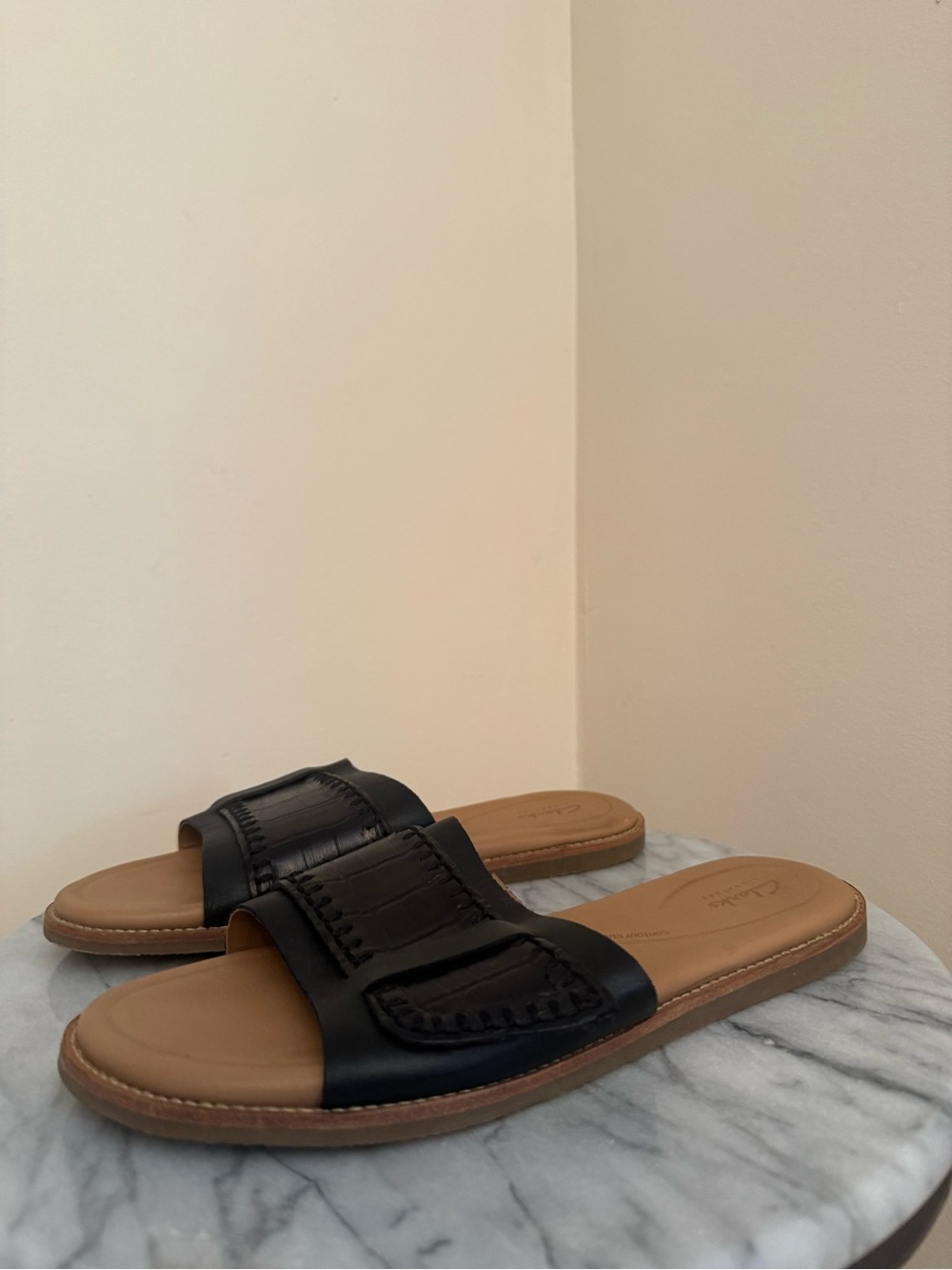Clarks Maritime Mule Comfort Cushion Black Leather Slide Sandals Women’s 9.5 - Picture 1 of 9